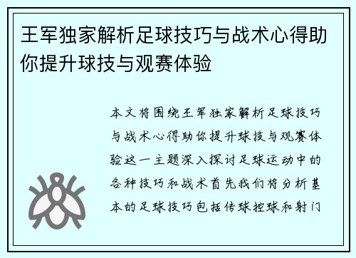 王军独家解析足球技巧与战术心得助你提升球技与观赛体验